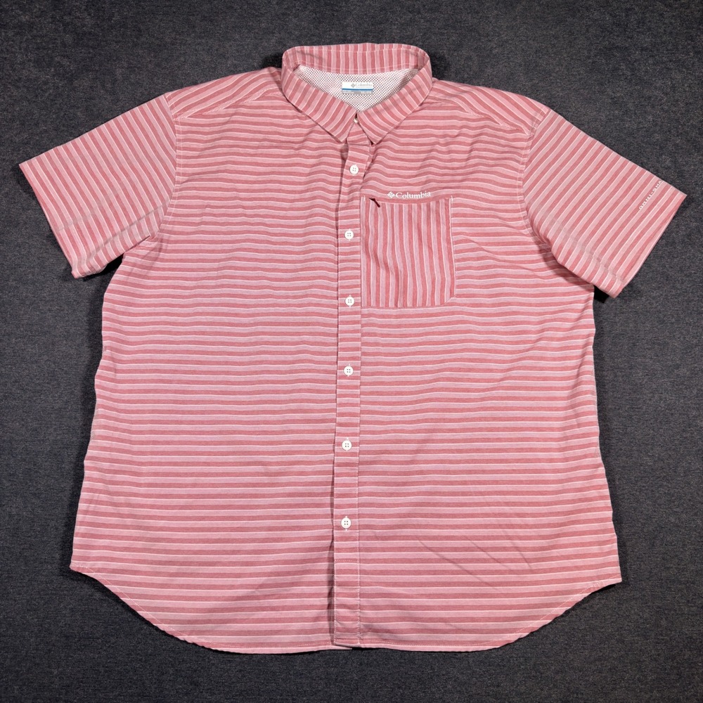 Columbia Short Sleeve Button Up Men XXL Red Striped Omni-Shade Fishing Shirt